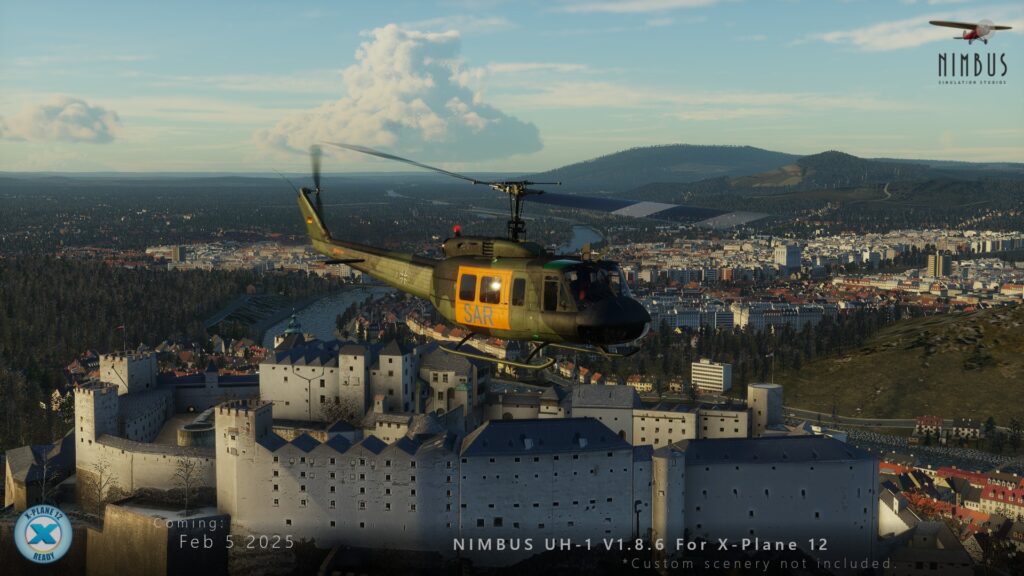 L'UH-1 survain un château