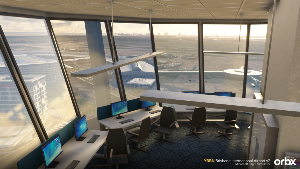 Orbx Brisbane V2 - tiré de l'intérieur de la tour en regardant sur la rampe et le terminal