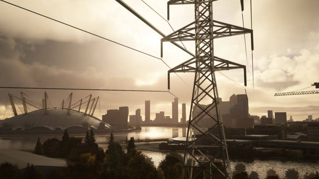 ORBX Global Power Lines - tir montrant des lignes électriques britanniques surplombant l'arène O2