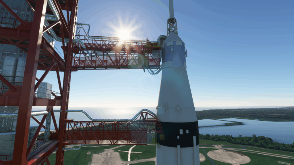 Saturne V sur la rampe de lancement dans MSFS