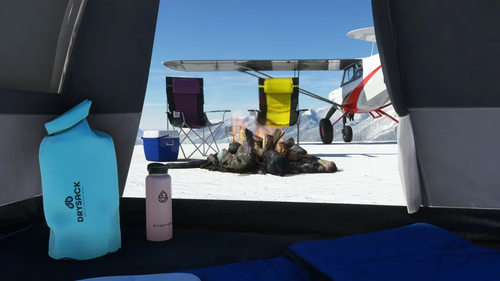 Utilitaire Campout parallel 42 en plein essor avec tente, feu de camp, chaises extérieures sous l'aile d'un petit avion quelque part dans le désert glacé d'une chaîne de montagnes. 