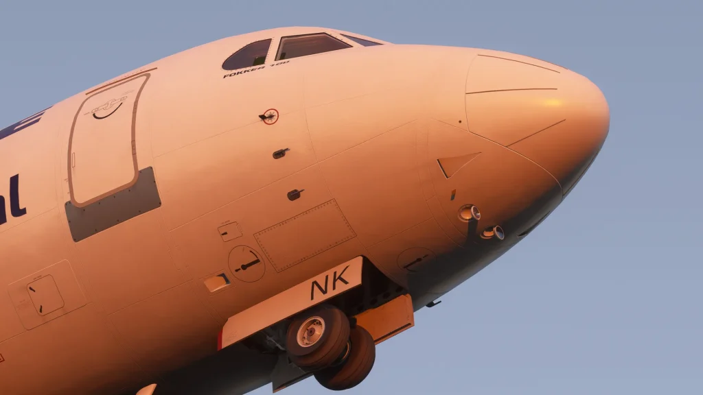 En vue SIM de l'avion complémentaire F100 / F70 de Just Flight pour MSFS augmentant son équipement après un décollage au coucher du soleil