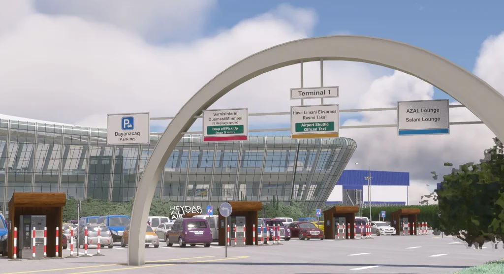 En vue SIM de la interprétation Azrsim 'du terminal de verre futuriste de l'aéroport international de Baku, le terminal de verre futuriste, Road de départ parking. 