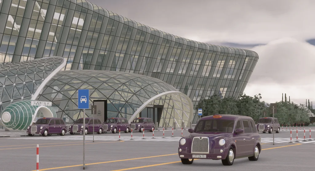 Dans la vue SIM de la interprétation Azrsim '' de l'entrée du transport de terminal de verre futuriste de Bakou Heydar Aliyev. 