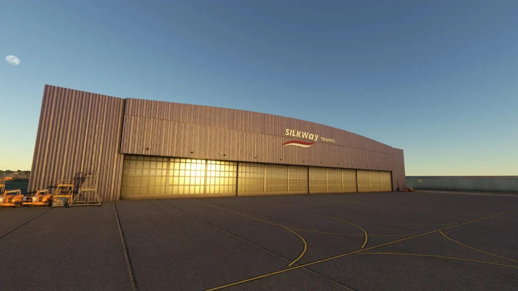 Silkway Technics Hangar à l'aéroport international Baku Heydar Aliyev de AC Design d'AC pendant le lever du soleil. 