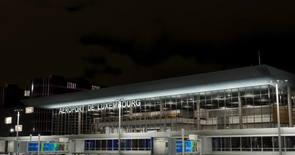Vue INSIM de l'aéroport du Luxembourg de l'Atelic pour le terminal MSFS 2020 et 2024 la nuit