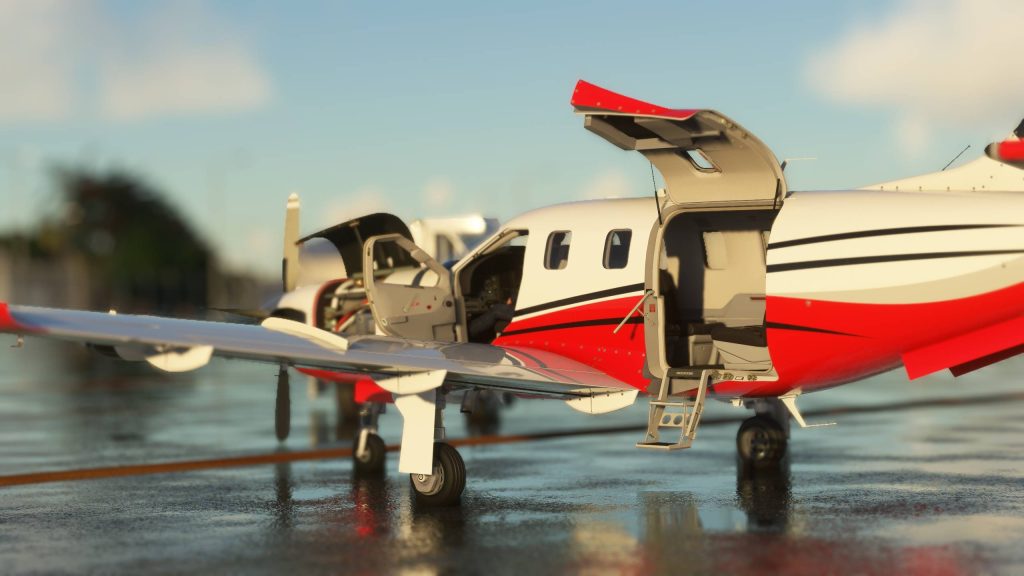 En vue SIM du TBM 850 de Blacksquare sur le tablier avec toutes les portes ouvertes. 
