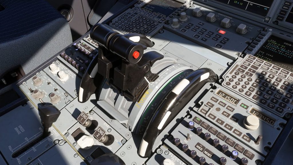 En vue SIM des leviers de poussée A320 de Fenix. 