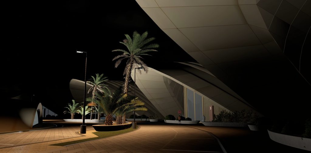 L'éclairage nocturne illumine le côté ville de l'aéroport dans X-Plane 12.