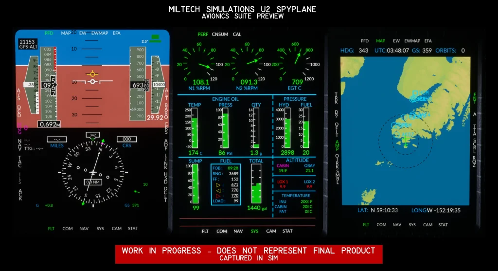   En vue sim de la suite avionique de Miltech pour leur prochain plan espion U2 pour MSFS 2020 et 2024