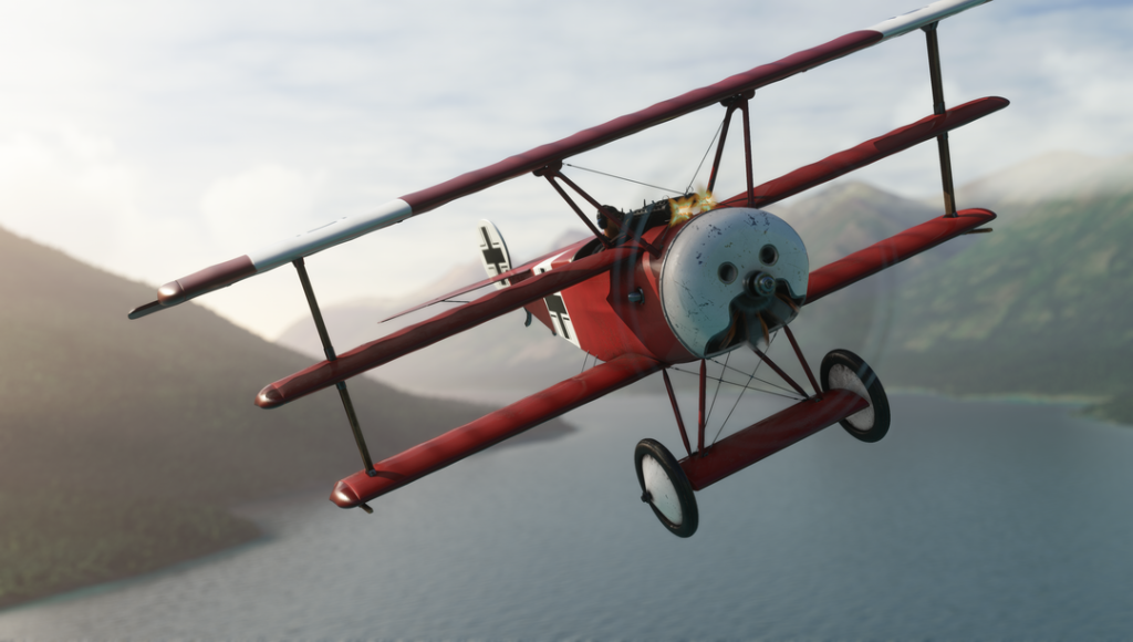 En vue sim du Fokker DR1 de Got Friends volant au-dessus des Fjords