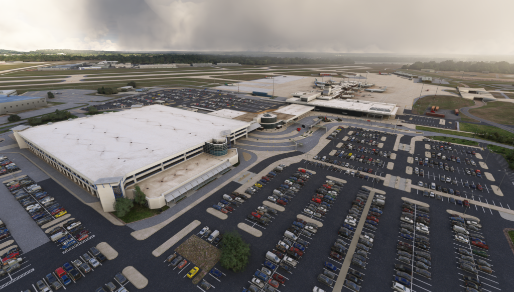 Aérogare de l'aéroport KLIT, parking couvert et parkings.