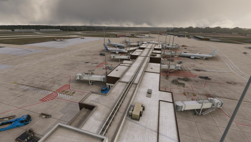 Vue aérienne rapprochée du terminal de l'aéroport.