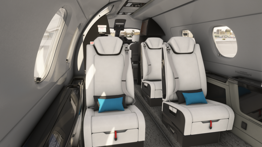Sièges intérieurs FSReborn Phenom 300E illustrés dans MSFS 2024