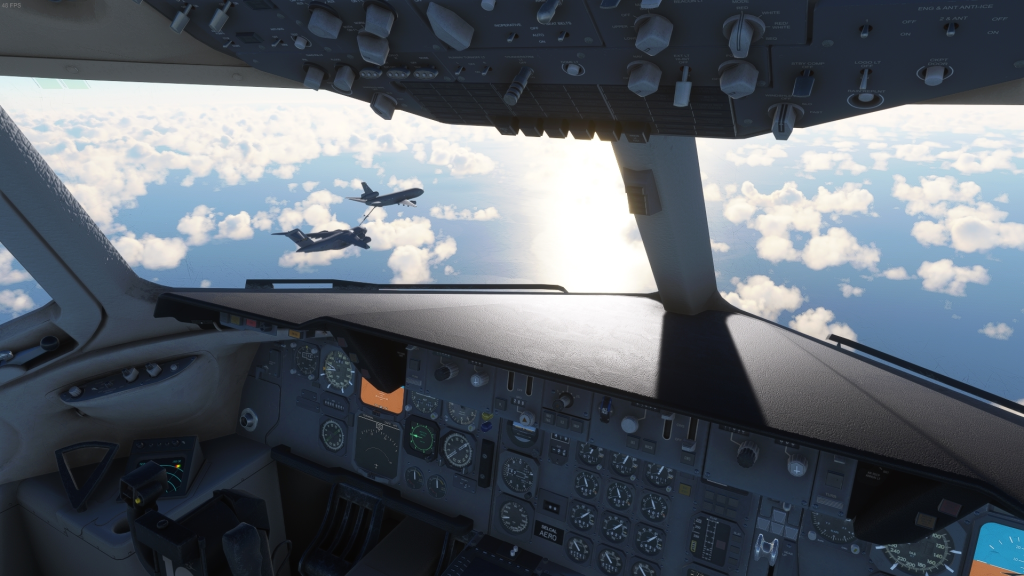Vue en simulation du tableau de bord avant et de l'avionique de l'Aero Dynamics DC-10