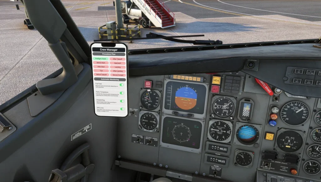 Vue du capitaine montrant la tablette Crew Manager et le système d'instruments de vol électroniques Rockwell Collins EFIS‑86C