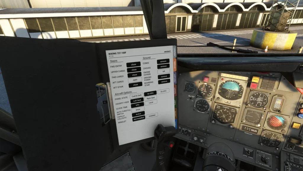 EFB affichant diverses options d'avion qui peuvent être basculées