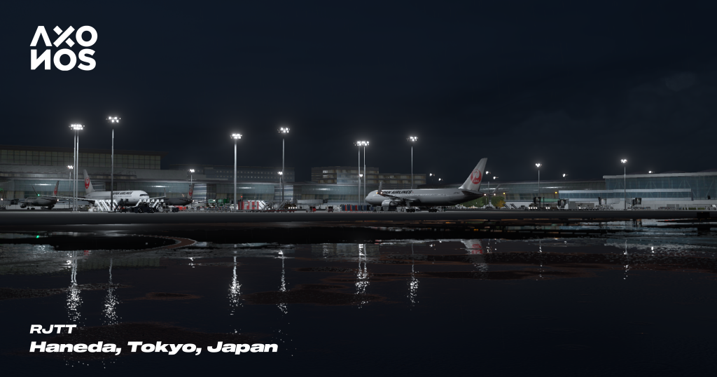 Vue nocturne du RJTT pendant les précipitations sous un angle différent