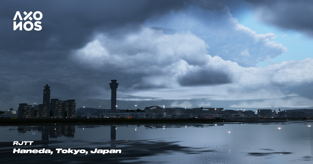 Vue du soir sur RJTT pendant les précipitations