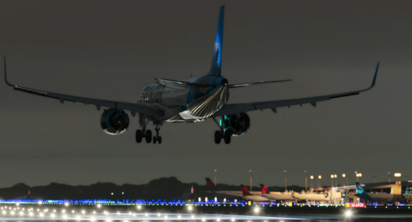 L'A321neo de Flight Sim Labs aux couleurs de Frontier Airlines en approche finale dans Microsoft Flight Simulator
