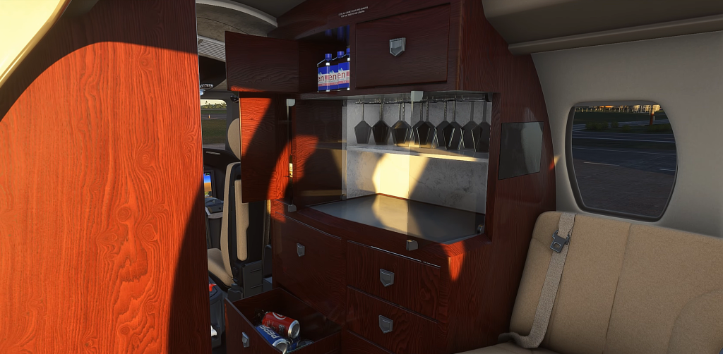 Intérieur de la cabine VIP du Cessna Citation C680 Sovereign+ par Skyward Simulations dans MSFS