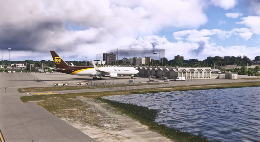 Un Boeing 767 UPS à Palm Beach International KPBI dans Microsoft Flight Simulator. 