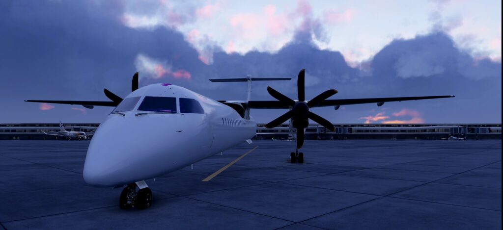 Aperçu de l'avion Majestic Dash 8 Q400 garé sur l'aire de trafic dans Microsoft Flight Simulator