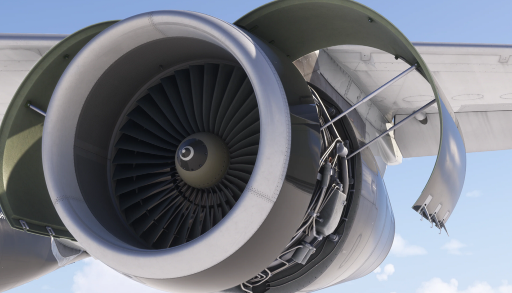 Modèle détaillé du moteur Airbus A340 par iniBuilds dans Microsoft Flight Simulator 2024