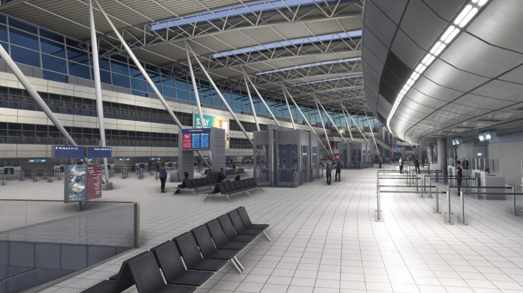 Intérieur du terminal de l'aéroport de Düsseldorf recréé dans le décor MSFS de MK Studios