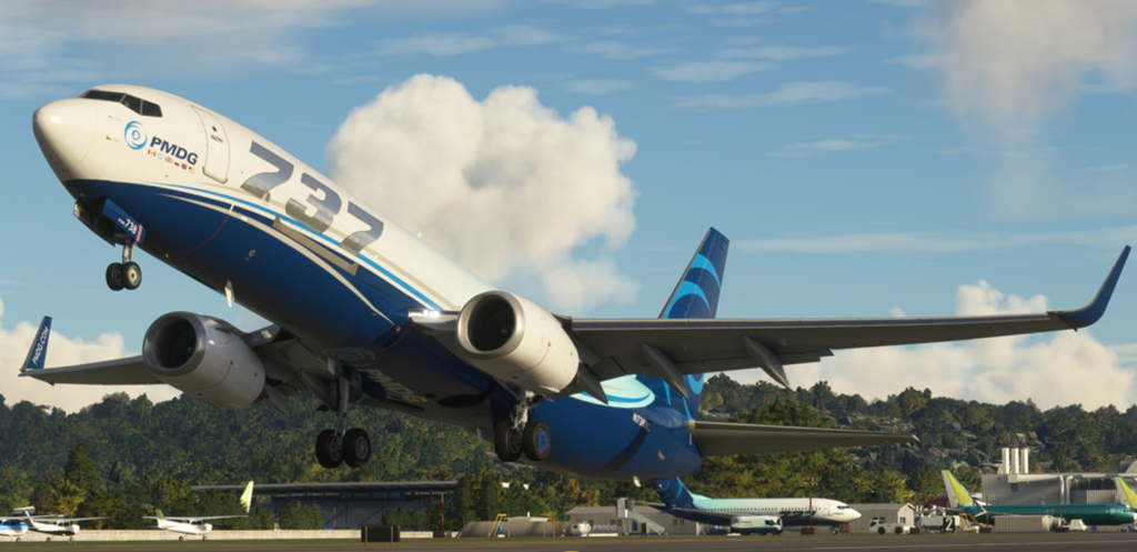 Un avion PMDG Boeing 737NG décollant d'un aéroport dans Microsoft Flight Simulator 2024