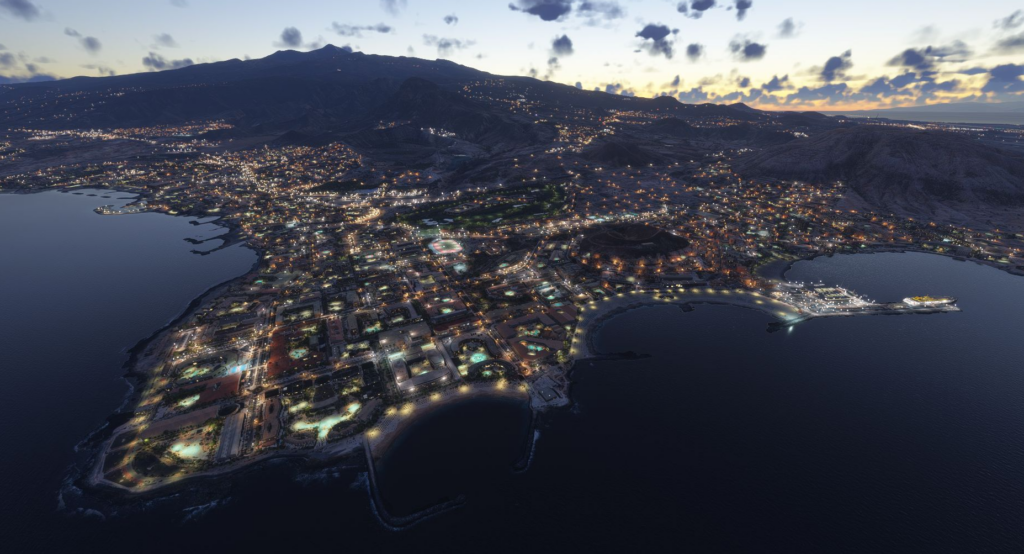 Éclairage nocturne de Tenerife MSFS 2024, paysage Island Creations, vue illuminée sur la ville et le littoral