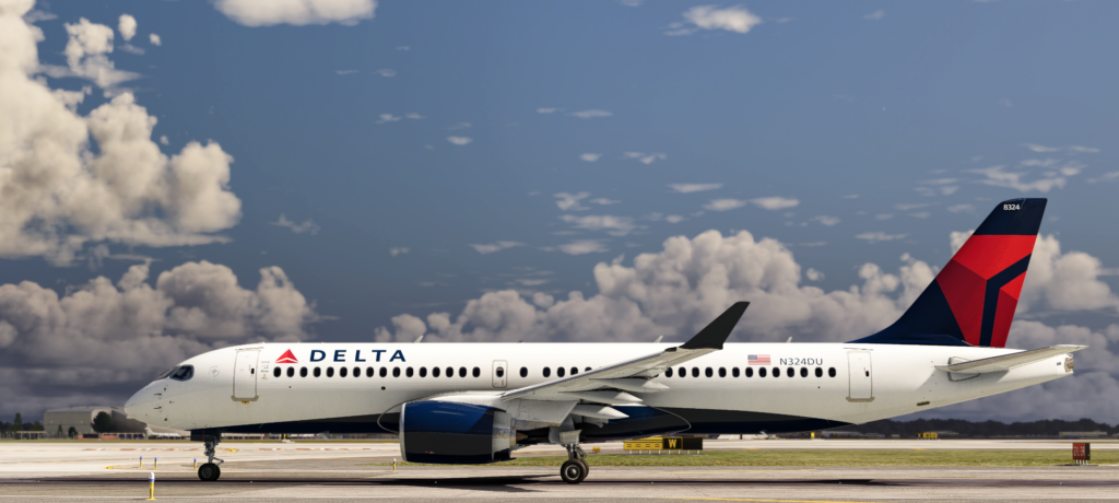 Synaptic Airbus A220 d'iniBuilds sur la piste dans l'aperçu de Microsoft Flight Simulator 2024