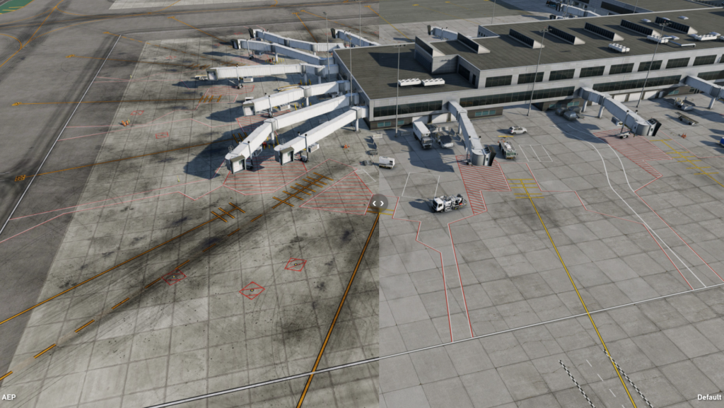 Aire de trafic de l'aéroport avec marquages ​​améliorés et détails au sol dans le package d'amélioration de l'aéroport pour X-Plane 12