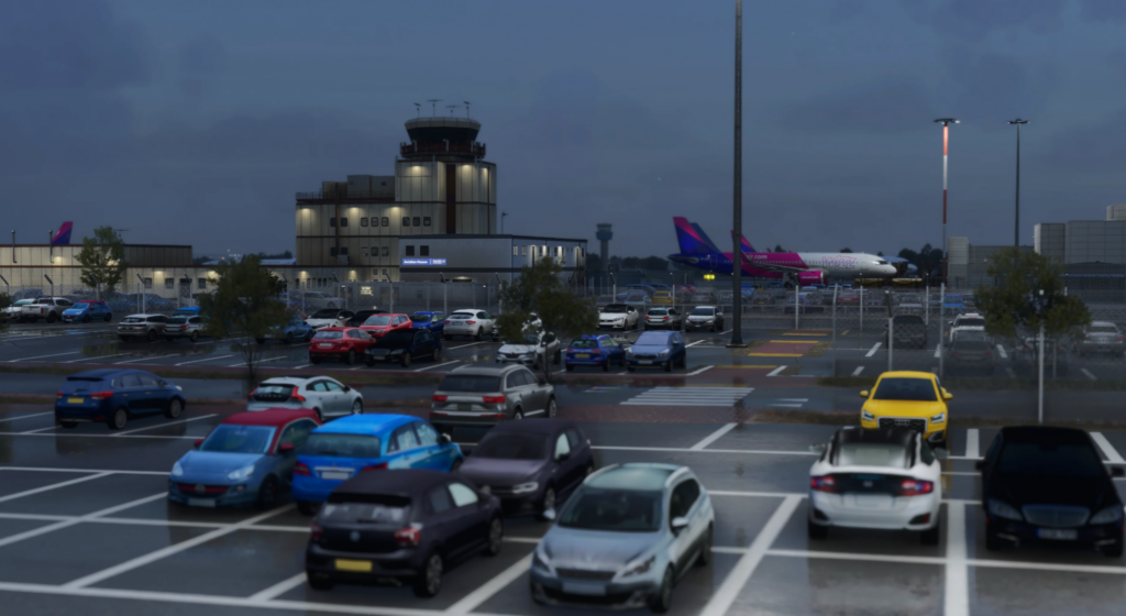Environnement nocturne EGGP MSFS 2024 de l'aéroport John Lennon de Liverpool avec aire de stationnement, véhicules et éclairage réaliste par iniBuilds