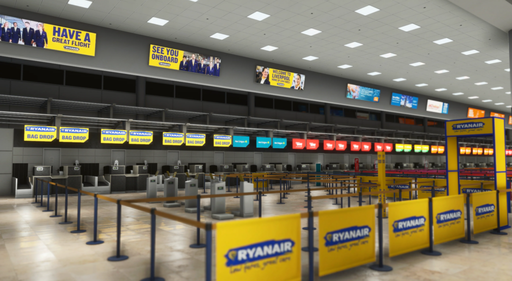 Zone d'enregistrement EGGP MSFS 2024 de l'aéroport John Lennon de Liverpool avec comptoirs Ryanair et disposition détaillée du terminal par iniBuilds