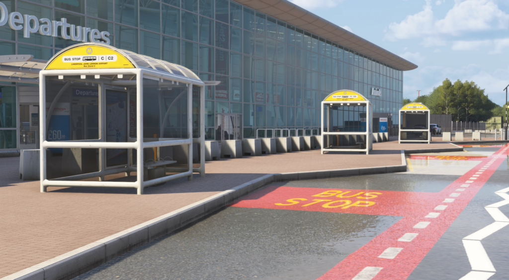 Arrêt de bus et extérieur du terminal EGGP MSFS 2024 de l'aéroport John Lennon de Liverpool avec marquages ​​au sol détaillés par iniBuilds