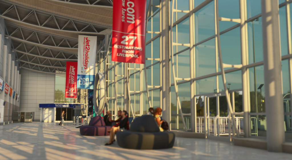 Intérieur du terminal EGGP MSFS 2024 de l'aéroport John Lennon de Liverpool avec sièges passagers et architecture en verre détaillée par iniBuilds