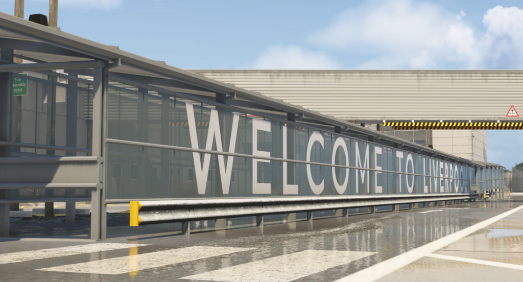 Panneau de bienvenue EGGP MSFS 2024 de l'aéroport John Lennon de Liverpool et détails extérieurs du terminal avec réflexions sur le sol humide par iniBuilds