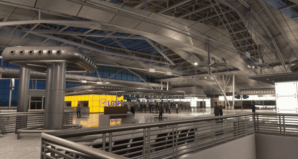 Intérieur très détaillé de l'aéroport de Porto avec passagers et éclairage dans la scène MSFS 2024 de MK Studios