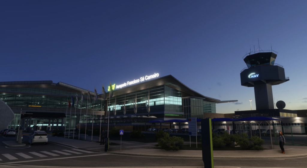 Terminal de l'aéroport de Porto et tour de contrôle au crépuscule avec éclairage nocturne réaliste dans MSFS 2024