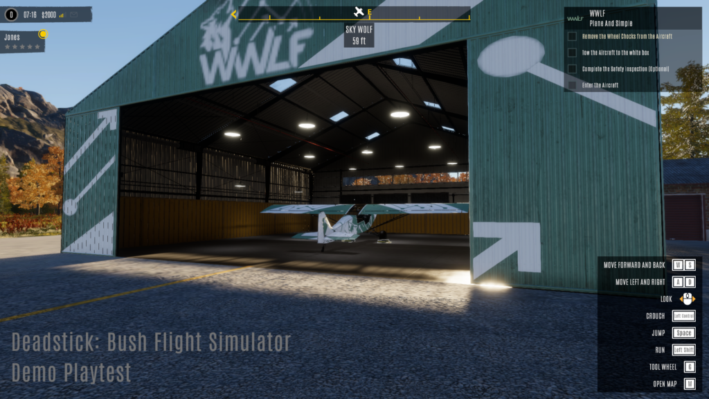 image de l'avion de départ dans le hangar au début du jeu