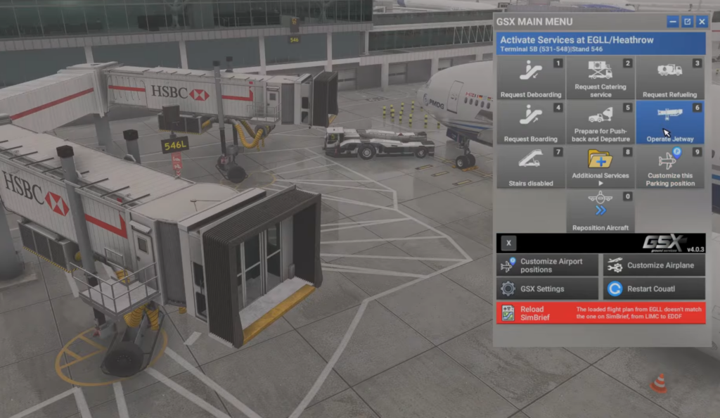 Menu GSX Pro démontrant la prise en charge prochaine d'une double passerelle pour un Boeing 777 PMDG dans MSFS