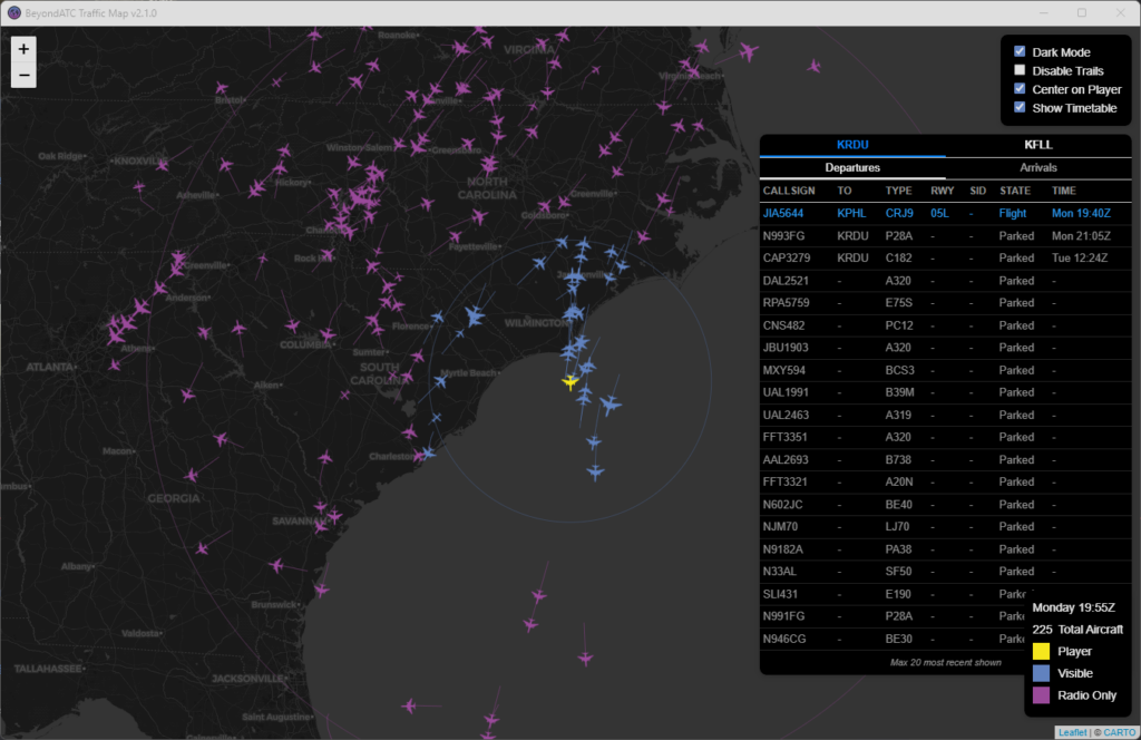Carte de trafic en direct BeyondATC affichant les positions réelles des avions optimisées par FlightRadar24 et Navigraph dans Microsoft Flight Simulator 