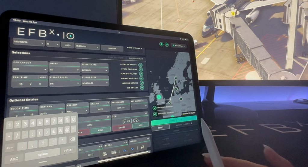 Interface de planification de vol efbX avec intégration SimBrief et outils de briefing de vol opérationnel pour Microsoft Flight Simulator