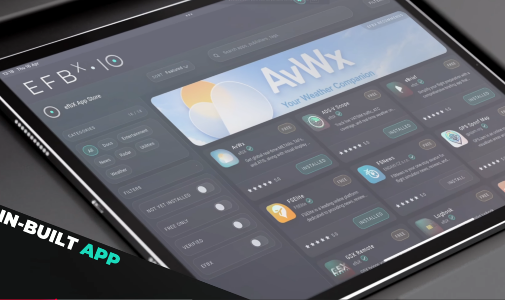 Boutique d'applications intégrée efbX proposant des utilitaires de navigation météo et de simulation de vol