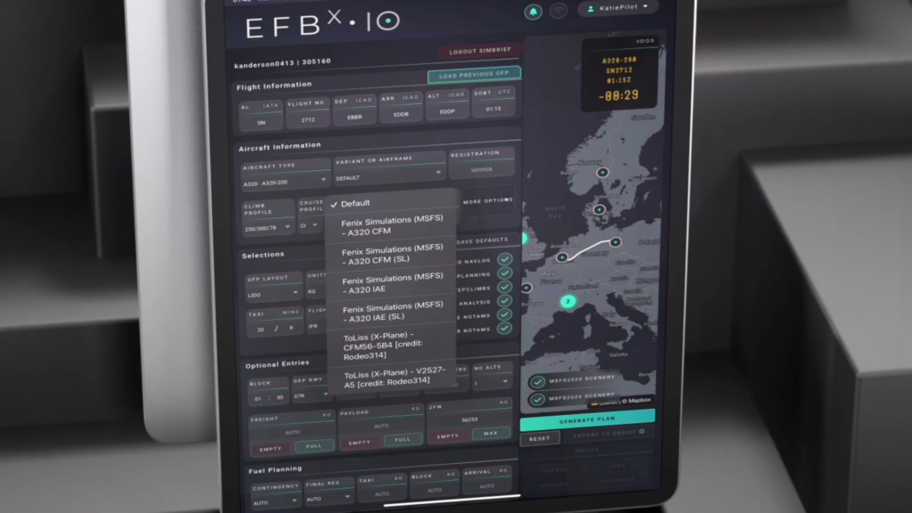 Tableau de bord de configuration et de planification opérationnelle SimBrief d'avion avancé efbX pour Microsoft Flight Simulator 2024
