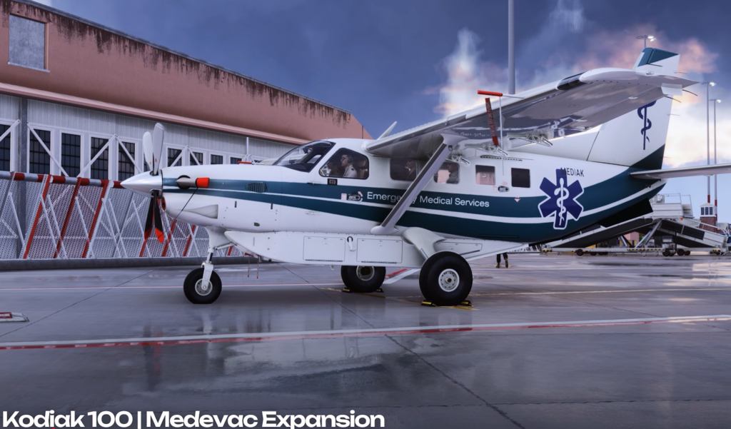 SimWorks Studios Kodiak 100 Medevac Expansion stationné sur l'aire de trafic dans Microsoft Flight Simulator 2024