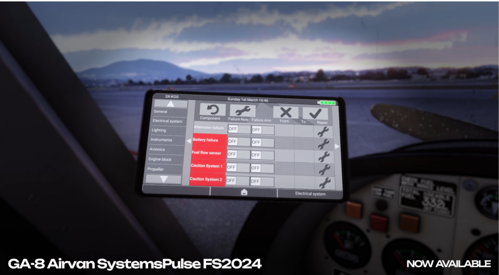Tablette SimWorks Studios GA-8 Airvan SystemsPulse montrant une simulation avancée de systèmes d'avion dans Microsoft Flight Simulator 2024